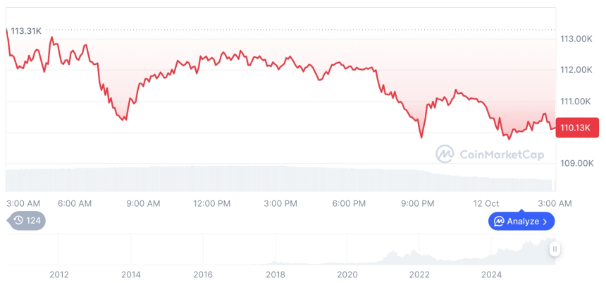  [오후 시세브리핑] 암호화폐 시장 하락세… 비트코인 110,188달러, 이더리움 3,738달러