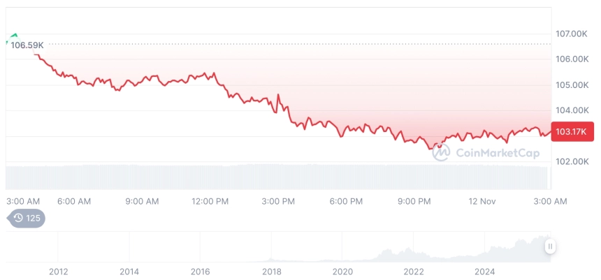[오후 시세브리핑] 암호화폐 시장 하락세… 비트코인 103,112달러, 이더리움 3,425달러