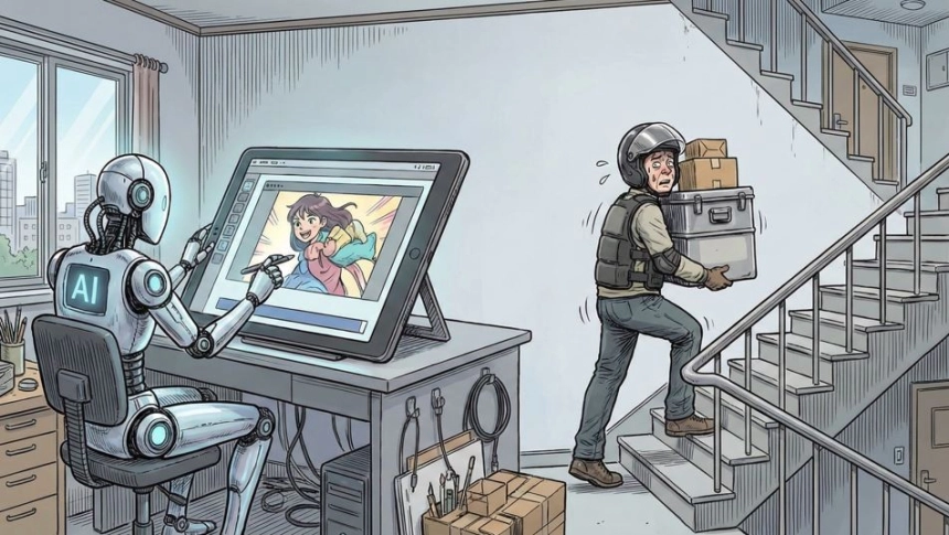 [토큰만평] 붓은 AI가 잡고 짐은 인간이 지는, 이 거꾸로 된 세상