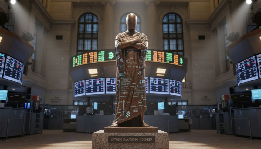  비트코인 창시자 ‘사토시’ 동상, 뉴욕증권거래소에 첫 설치…전통 금융과 암호화폐의 ‘공유 지점’