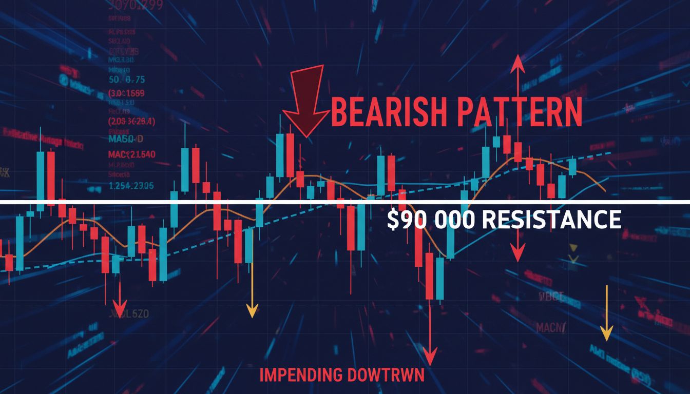 비트코인 $BTC, 9만 달러 돌파 앞두고 ‘하락 전환’ 경고…데스 크로스·패턴 모두 약세 신호