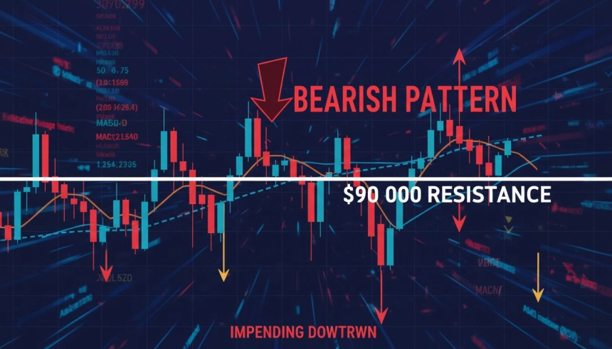 비트코인 $BTC, 9만 달러 돌파 앞두고 ‘하락 전환’ 경고…데스 크로스·패턴 모두 약세 신호