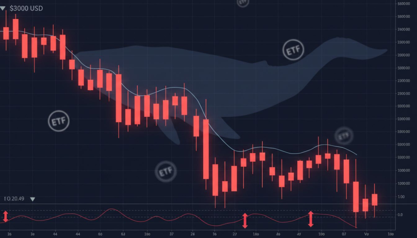  이더리움($ETH), 고래·ETF 매도 압력에 3,000달러 붕괴…기술적 지지선 흔들