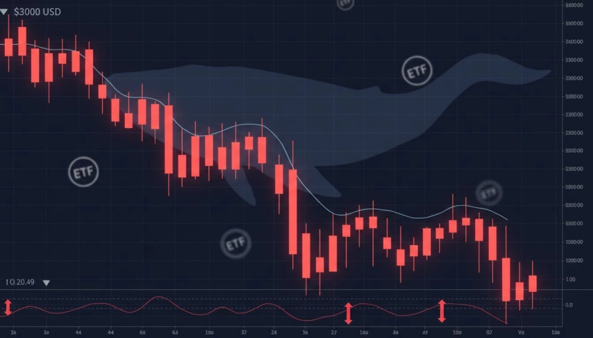 이더리움($ETH), 고래·ETF 매도 압력에 3,000달러 붕괴…기술적 지지선 흔들