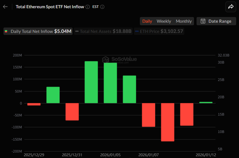 이더리움 현물 ETF, 3거래일 만에 504만 달러 순유입 전환