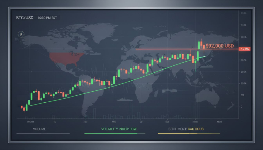  비트코인($BTC), $92,000 돌파 앞두고 숨 고르기…'폭풍 전 고요' 신호에 시장 촉각