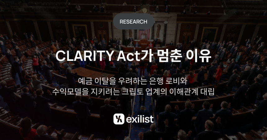 “스테이블코인 수익, 누가 가져갈 것인가”…엑시리스트, CLARITY 법안 상원 제동 원인 분석