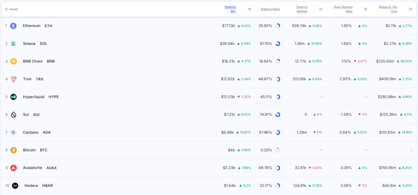 [스테이킹 랭킹] 이더리움·솔라나 스테이킹 반등…BNB체인 연간 보상 56% 급증