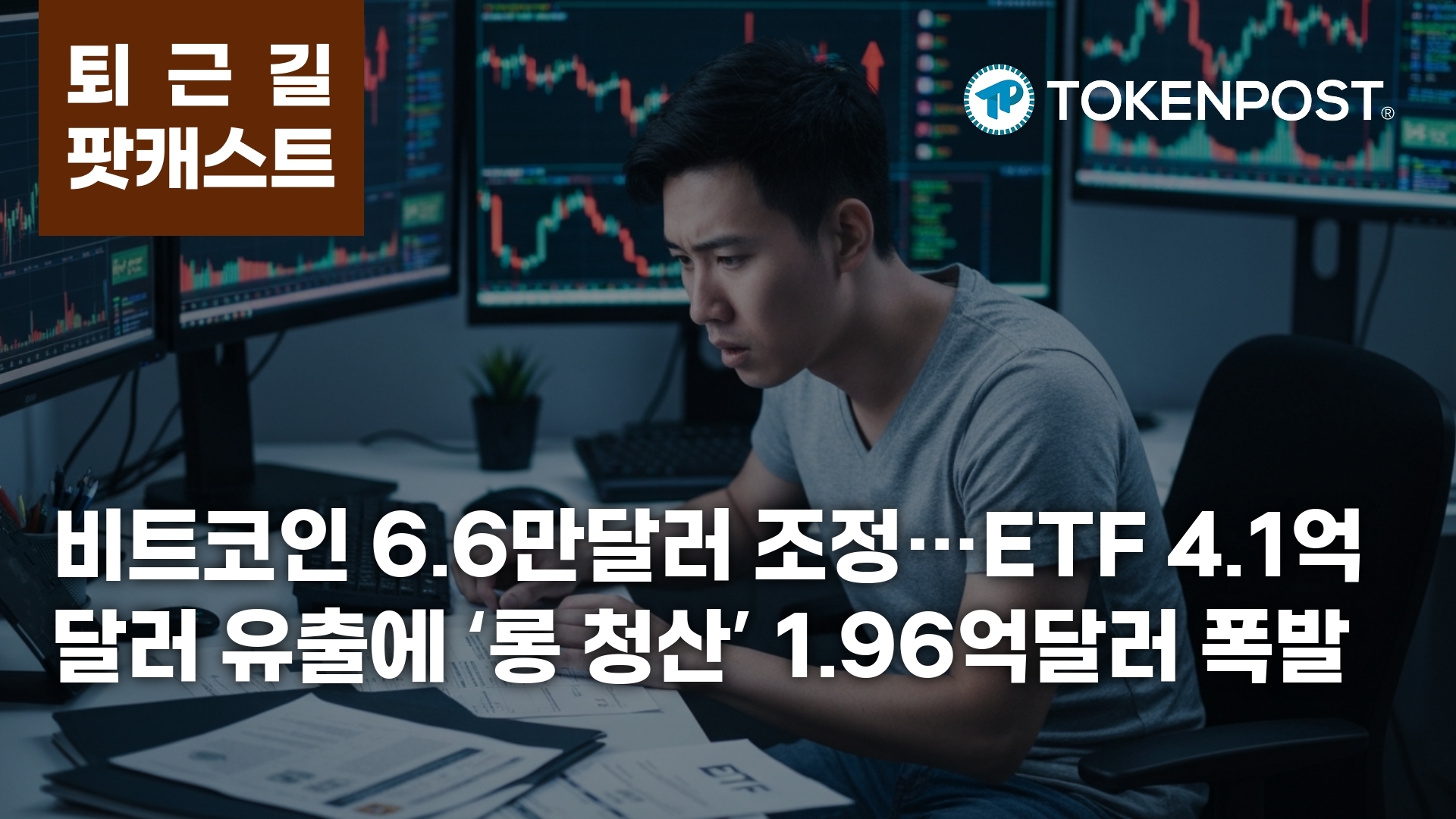 2월 13일 퇴근길 팟캐스트 — 비트코인 6만6316달러로 하락…ETF 4.1억달러 순유출 속 1.96억달러 청산
