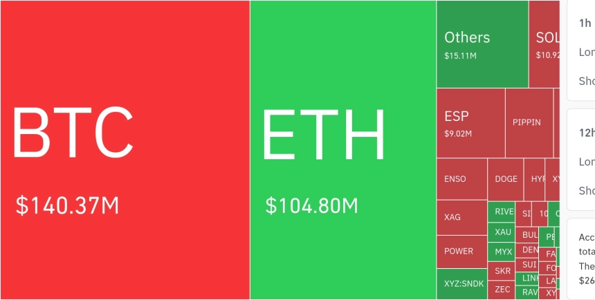 암호화폐 시장, 24시간 동안 레버리지 포지션 2억 6030만 달러 청산