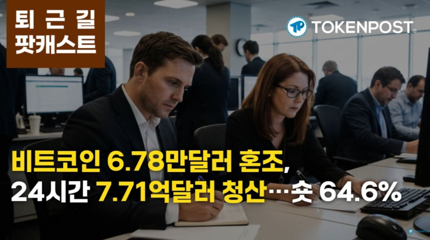 2월 18일 퇴근길 팟캐스트 — 비트코인 6만7천달러선 혼조…24시간 7.71억 달러 청산, 숏 비중 64.6%