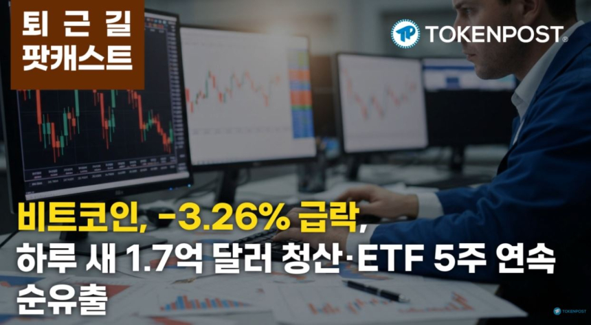  2월 23일 퇴근길 팟캐스트 — 비트코인 6만5천달러대 급락…24시간 1억7287만달러 청산·미 ETF 5주 연속 순유출