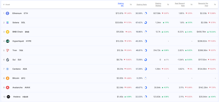 [스테이킹 랭킹] 스테이킹 시총 일제히 감소…BNB 보상률 급등·헤데라 나홀로 상승