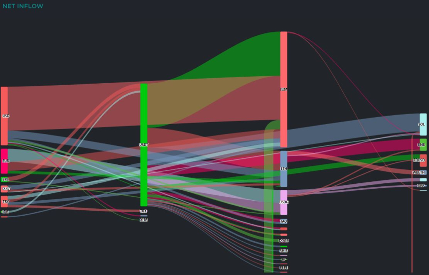  [크립토 인앤아웃] BTC로 1.6억 달러 집중 유입…USDT 9100만 달러 쏠림
