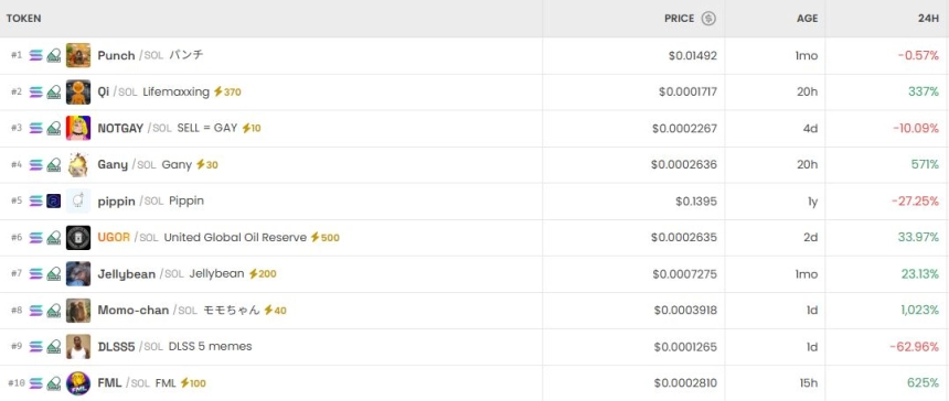 [DEX 리포트] 트렌딩 1위 PUNCH, QI는 338% 폭등