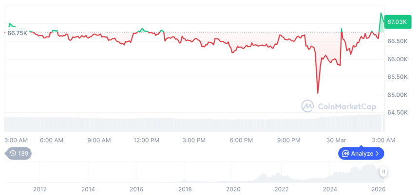  [오후 시세브리핑] 암호화폐 시장 혼조세… 비트코인 67,087달러, 이더리움 2,028달러