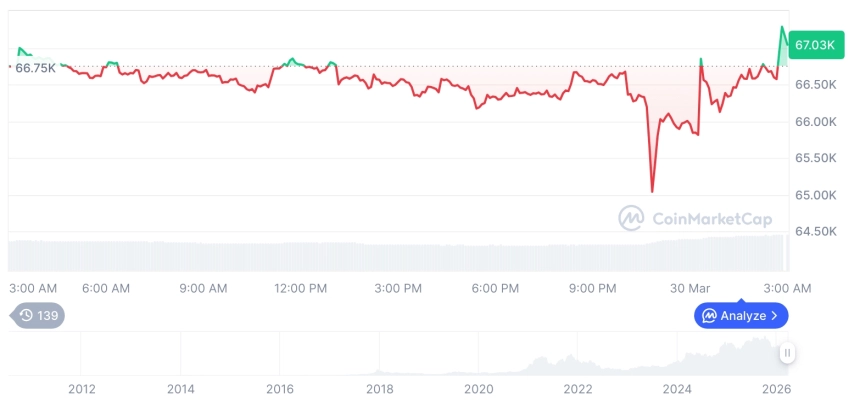[오후 시세브리핑] 암호화폐 시장 혼조세… 비트코인 67,087달러, 이더리움 2,028달러