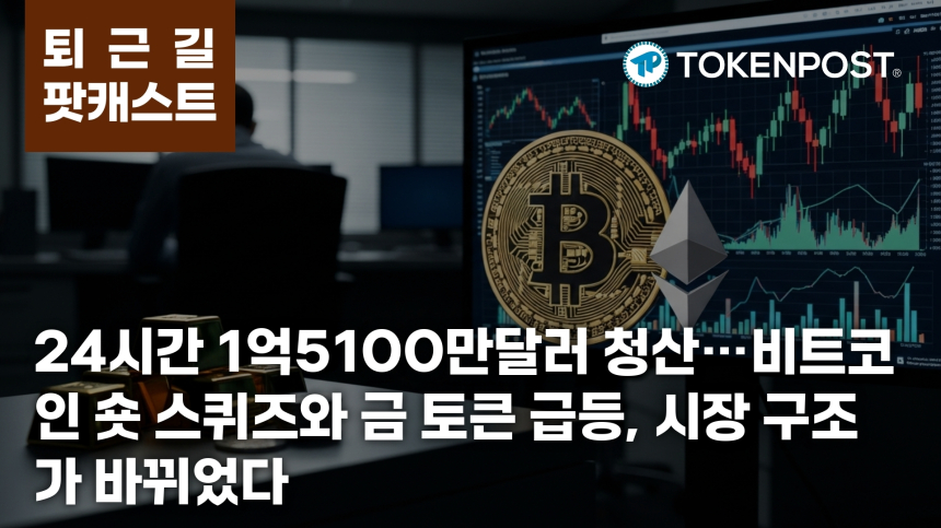  3월 25일 퇴근길 팟캐스트 — 24시간 1억5100만 달러 청산, 비트코인 숏 스퀴즈와 금 토큰 동반 급등