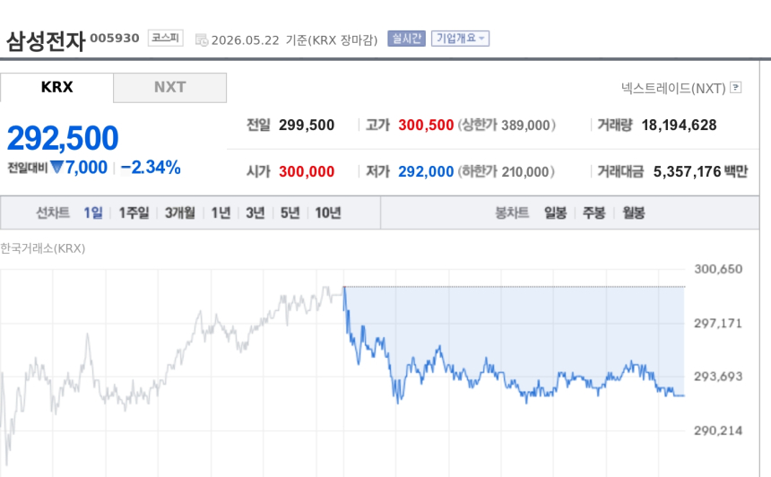 [특징주] 삼성전자, 외국인 5조원대 순매도에 약세…반도체 빅2 차익실현 집중