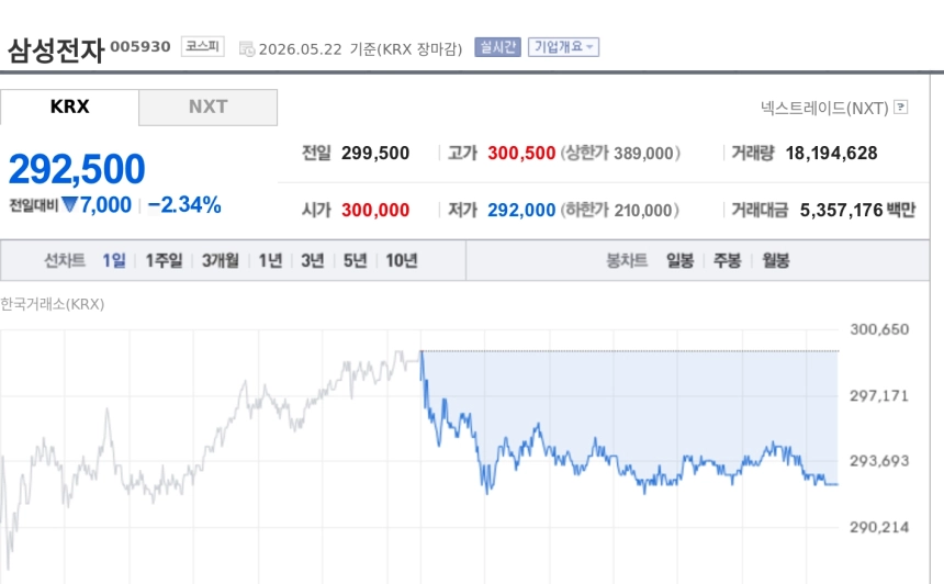 [특징주] 삼성전자, 외국인 5조원대 순매도에 약세…반도체 빅2 차익실현 집중