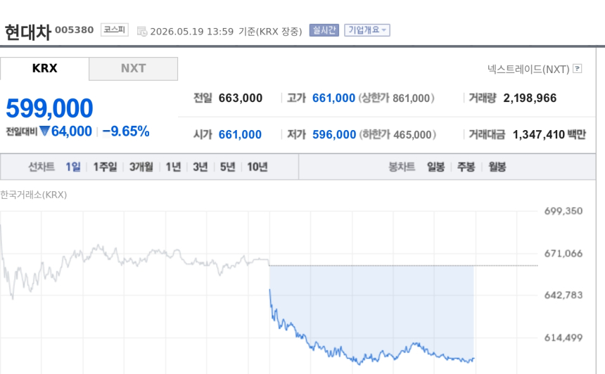 [특징주] 현대차, 노사 강대강 대치 우려에 9%대 급락