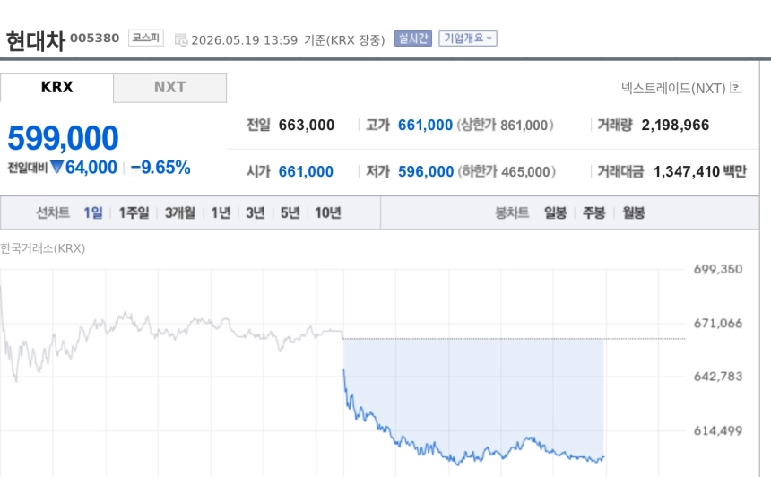 [특징주] 현대차, 노사 강대강 대치 우려에 9%대 급락