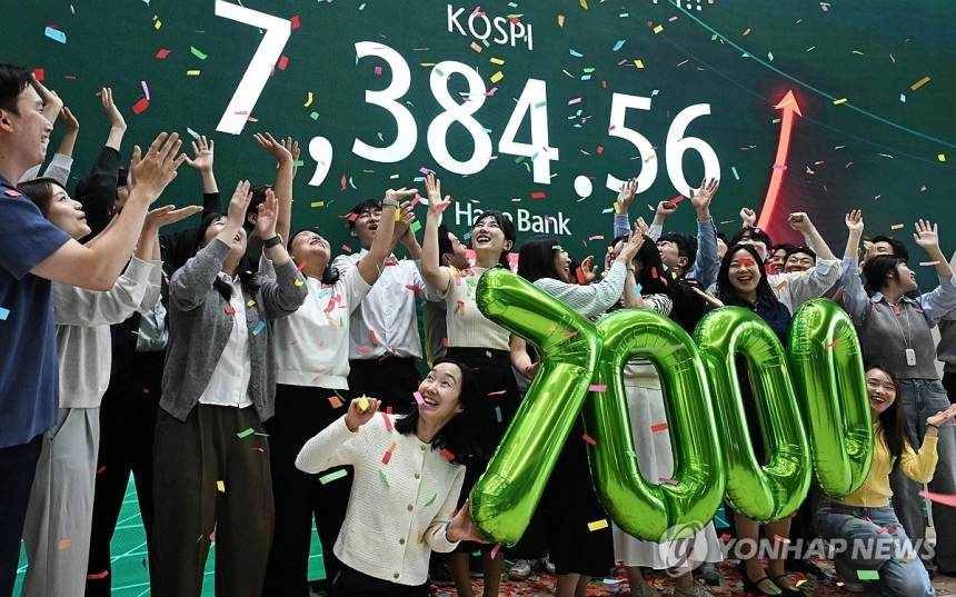 코스피 사상 최고치 경신, 1년 만에 7,400선 돌파