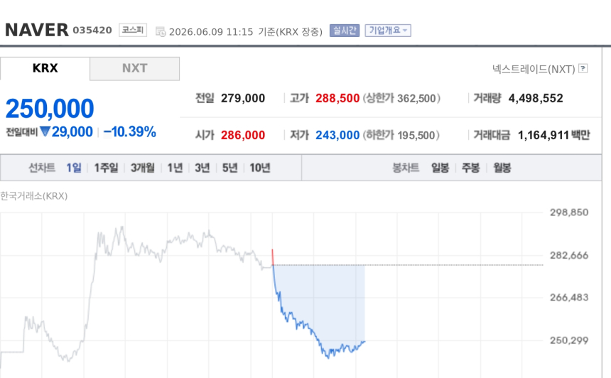 [특징주] 네이버, 엔비디아 협력 기대 하루 만에 꺾였다…차익실현에 10%대 급락