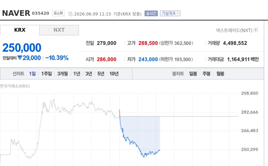 [특징주] 네이버, 엔비디아 협력 기대 하루 만에 꺾였다…차익실현에 10%대 급락