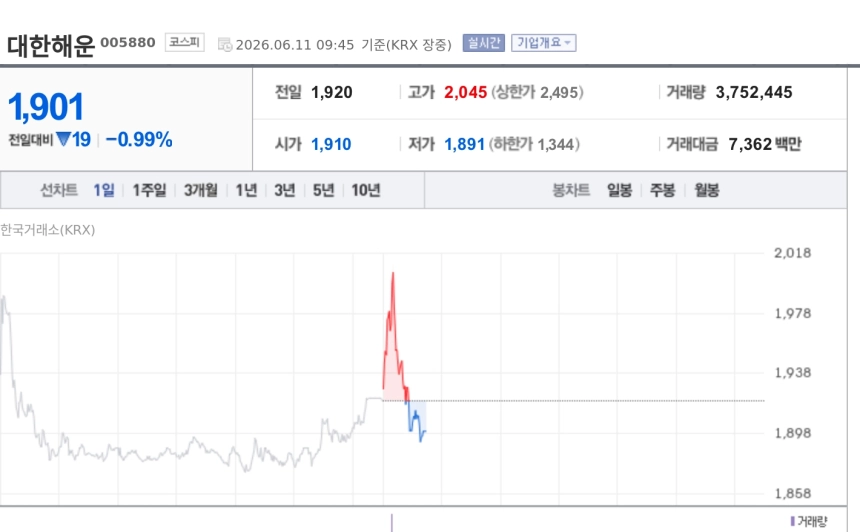 [특징주] 대한해운, 미·이란 긴장 재점화에 강세…해운주 동반 상승