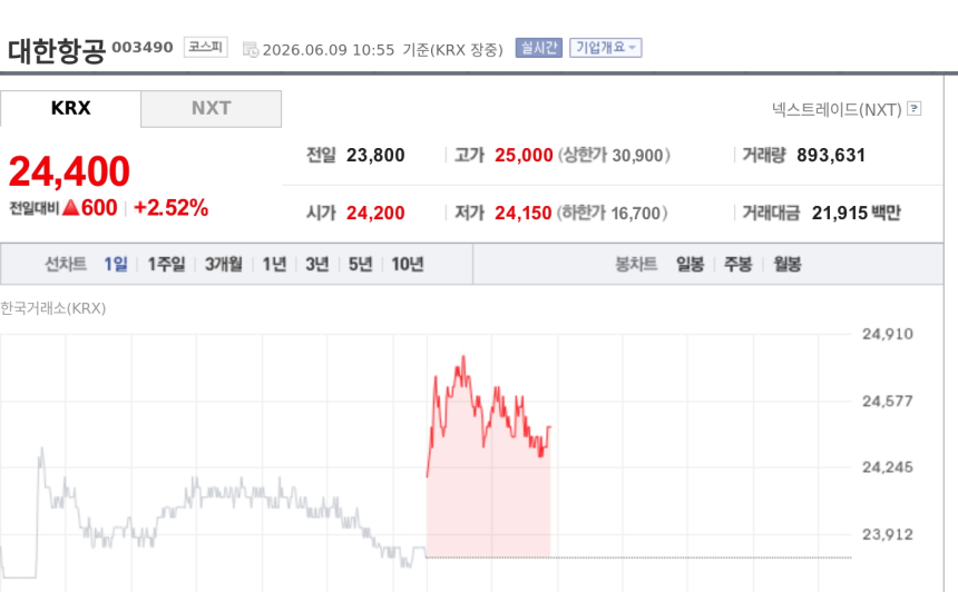 [특징주] 대한항공, 고유가·고환율 우려 넘었다…5월 지표 호조에 2%대 강세