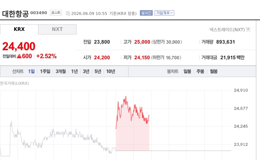 [특징주] 대한항공, 고유가·고환율 우려 넘었다…5월 지표 호조에 2%대 강세