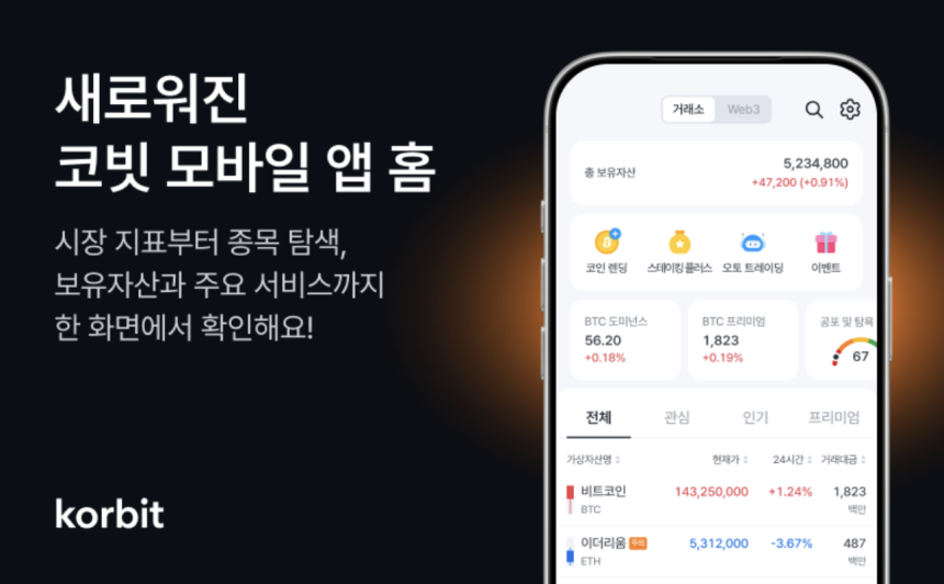 코빗, 모바일 앱 홈 화면 개편…