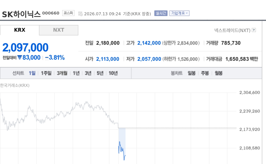 [특징주] SK하이닉스, 나스닥 ADR 흥행에도 3%대 약세…희석 우려에 차익실현