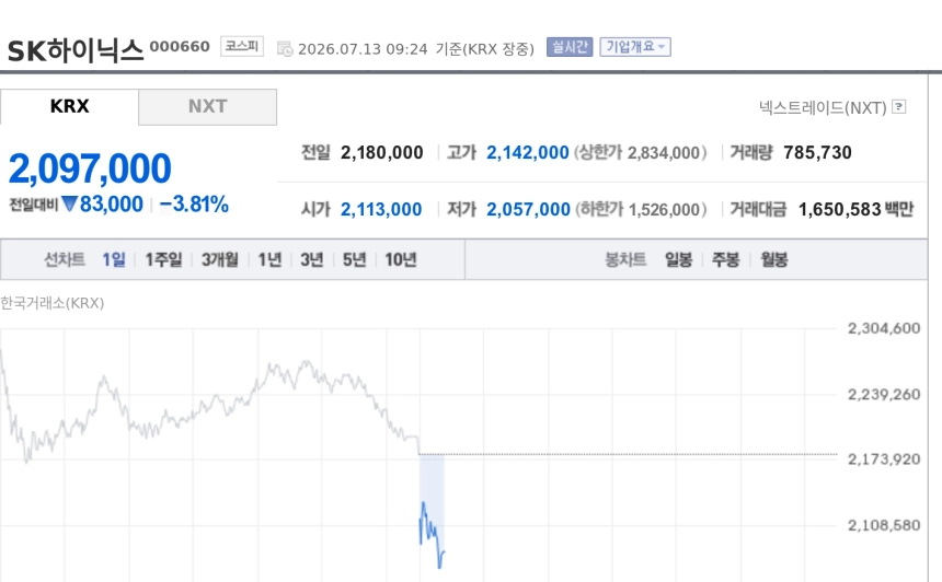 [특징주] SK하이닉스, 나스닥 ADR 흥행에도 3%대 약세…희석 우려에 차익실현