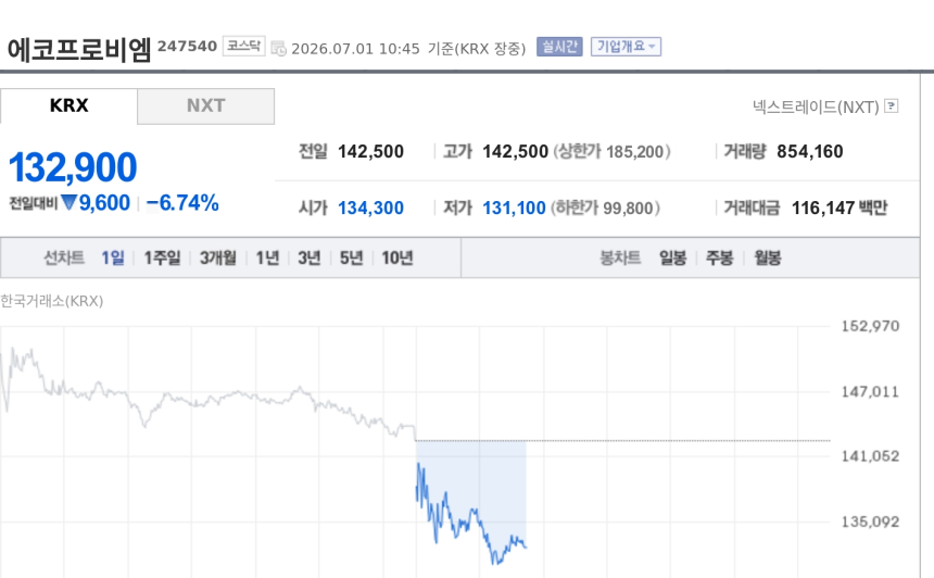 [특징주] 에코프로비엠, 1.2조 유상증자 충격에 약세…주주가치 희석 우려