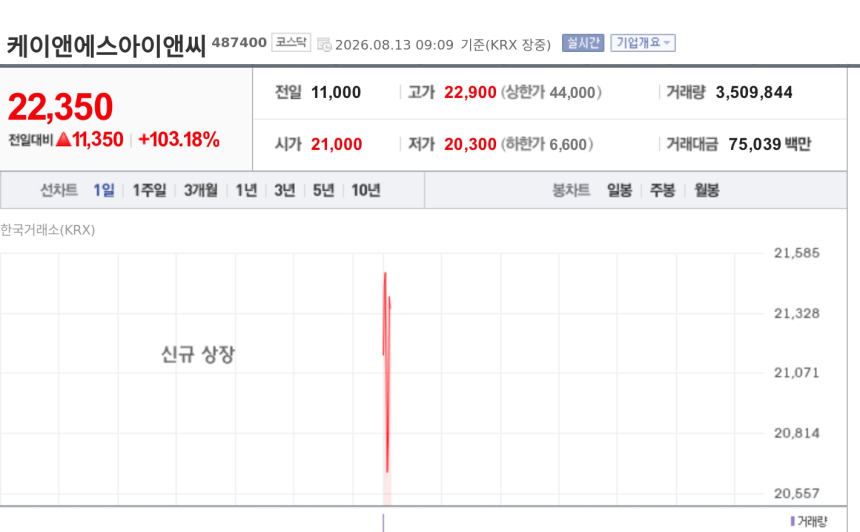 [특징주] 케이앤에스아이앤씨, 코스닥 입성 첫날 100% 넘게 급등
