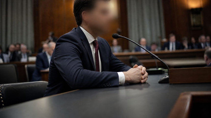  청문회장 증인석 앞 긴장한 남성 뒷모습 / TokenPost.ai 