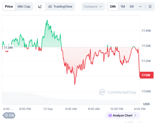 [저녁 시세브리핑] 암호화폐 시장 약세… 비트코인 77,111달러, 이더리움 2,513달러