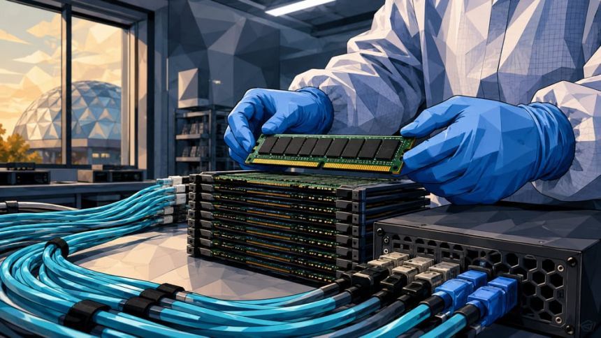  메모리 모듈과 광케이블이 놓인 작업대 / TokenPost.ai 