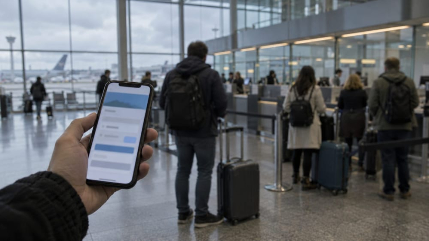 공항 체크인 구역 앞에서 예약 화면을 보는 손 / TokenPost.ai