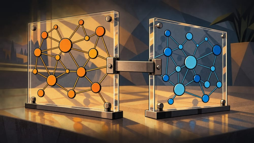 연결 다리로 이어진 두 블록체인 네트워크 패널 / TokenPost.ai