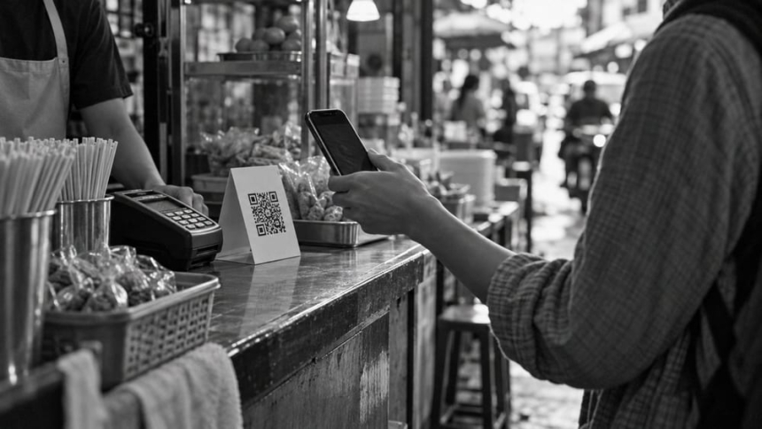 방콕 상점에서 QR 코드를 스캔하는 스마트폰 / TokenPost.ai